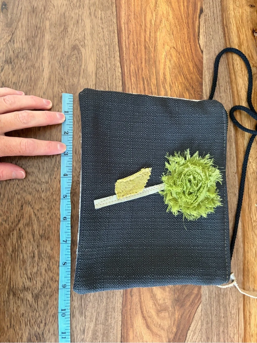Black Crossbody Bag with Green Floral Applique